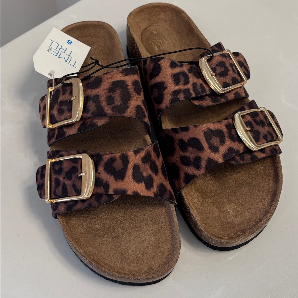 Time and Tru Leopard-Print Double Buckle Slide Sandals - Brown and Gold